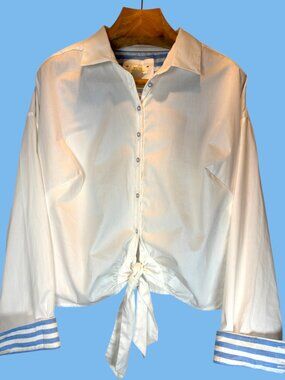 NWT Maeve Anthropologie Button Up Tie Front Top 18W White Blue Coastal MSRP $98